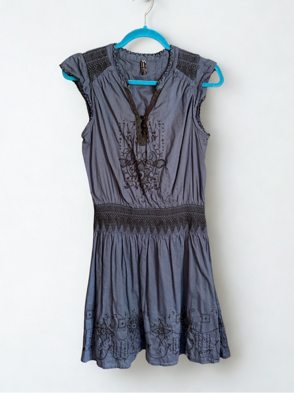 Blue Embroidered Cap-Sleeve Summer Dress